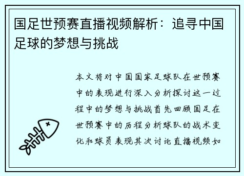 国足世预赛直播视频解析：追寻中国足球的梦想与挑战