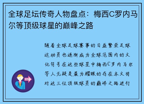 全球足坛传奇人物盘点：梅西C罗内马尔等顶级球星的巅峰之路