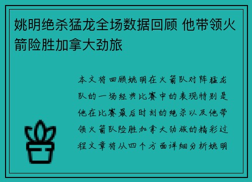 姚明绝杀猛龙全场数据回顾 他带领火箭险胜加拿大劲旅